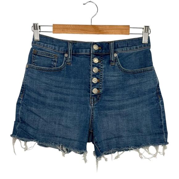 Madewell Jean Shorts Womens 28 Blue Button Fly High Rise Denim Frayed Hem Boho - Picture 1 of 14